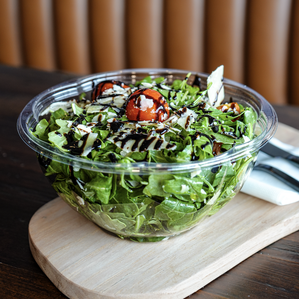 Simply Arugula salad with cherry tomato, shaved parmesan, EVOO, lemon and balsamic glaze